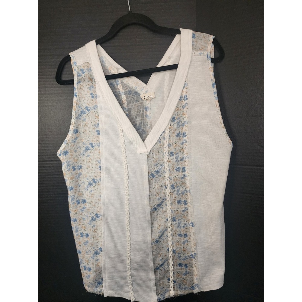 POL Floral Patchwork Tank Top White Blue V-Neck Crochet Lace Frayed Hem L